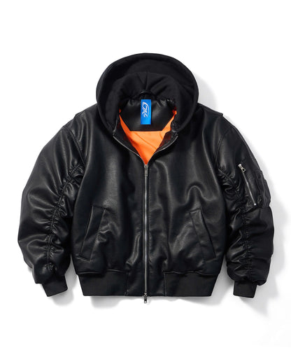 OVERSIZED HOODED LEATHER BOMBER JACKET