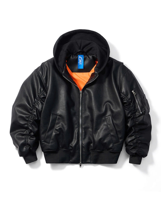 OVERSIZED HOODED LEATHER BOMBER JACKET